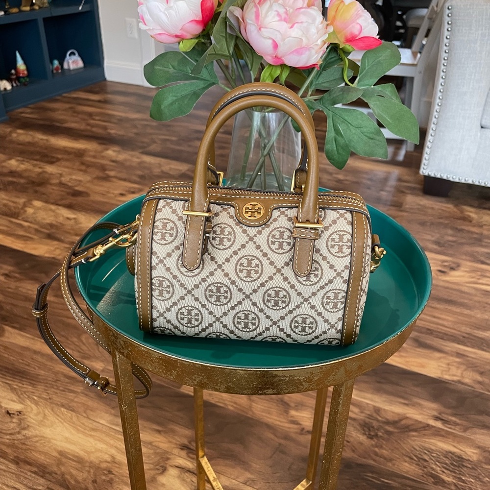 Tory Burch Mini T Monogram Barrel Bag in Hazelnut